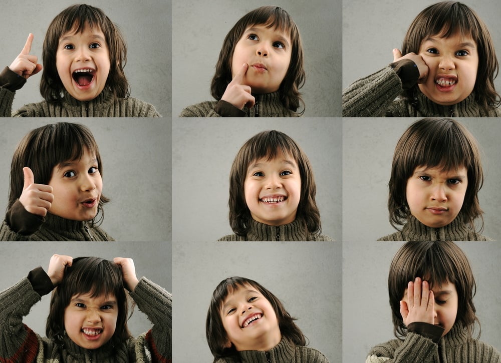 One kid - many faces, series of clever schoolboy 6-7 years old with facial expressions