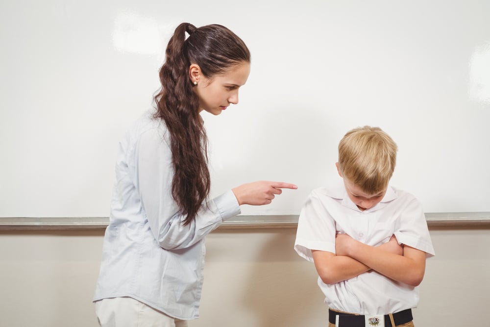 Teacher punishing the bold student at the elementary school